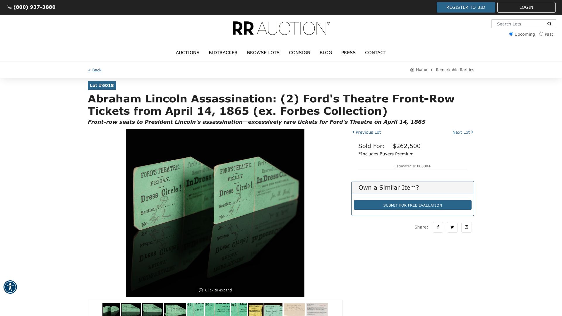Screenshot of rrauction.com: Ford's Theatre Front-Row Tickets from April 14, 1865