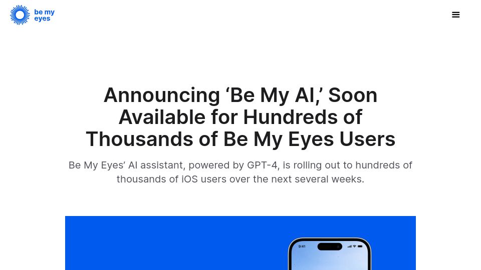 Screenshot of bemyeyes.com: Be My Eyes’ AI assistant starts rolling out