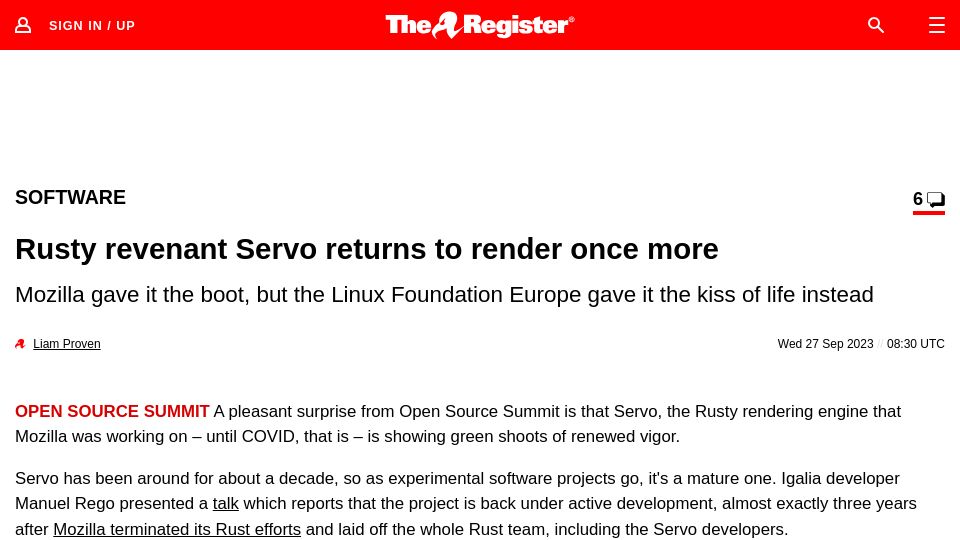 Screenshot of theregister.com: Rusty revenant Servo returns to render once more