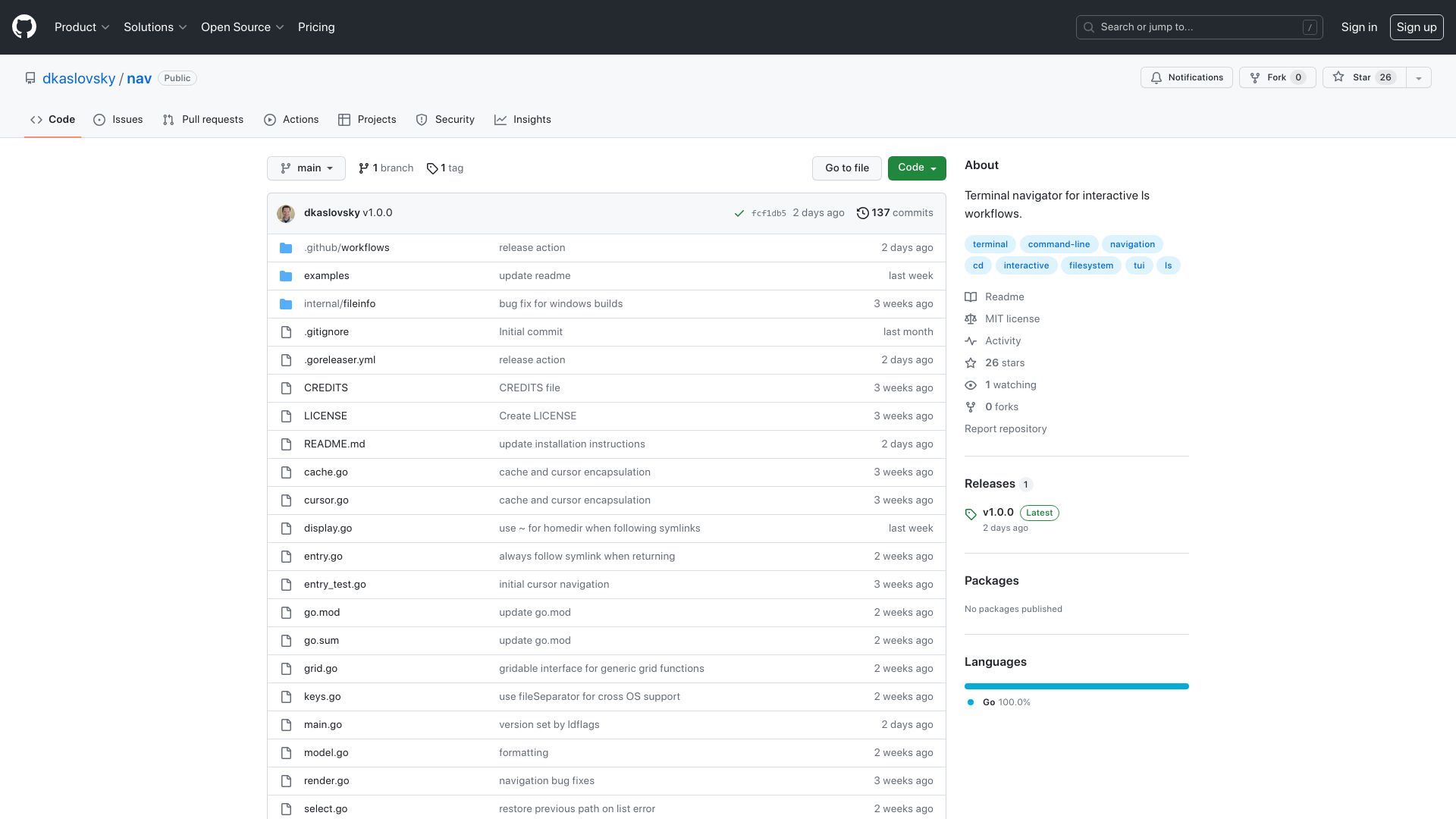Screenshot of github.com: Show HN: Nav – A terminal navigator for interactive `ls` workflows