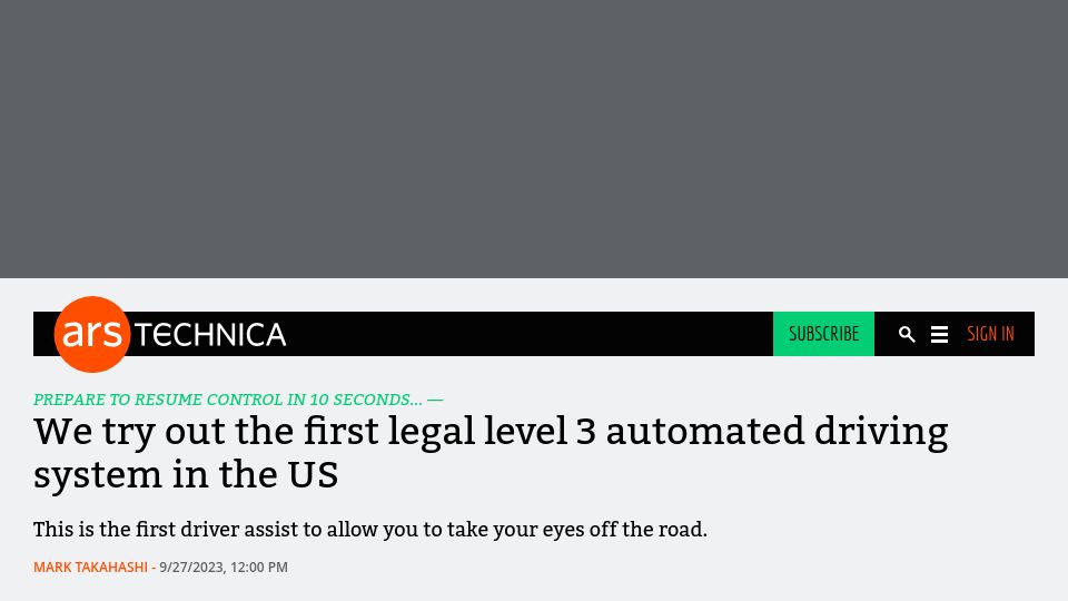 Screenshot of arstechnica.com: We try out the first legal level 3 automated driving system in the US