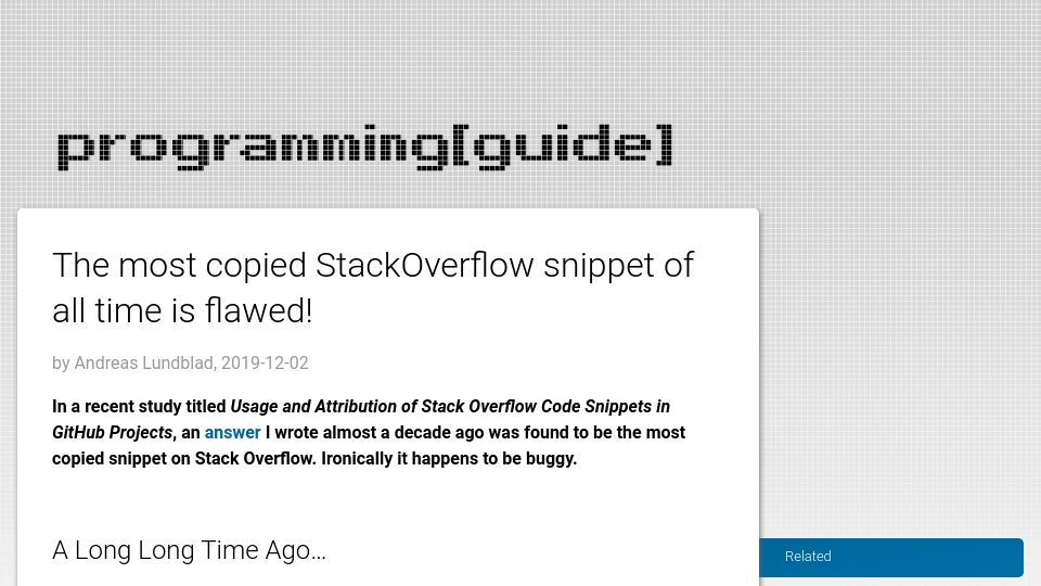 Screenshot of programming.guide: The most copied StackOverflow snippet of all time is flawed (2019)