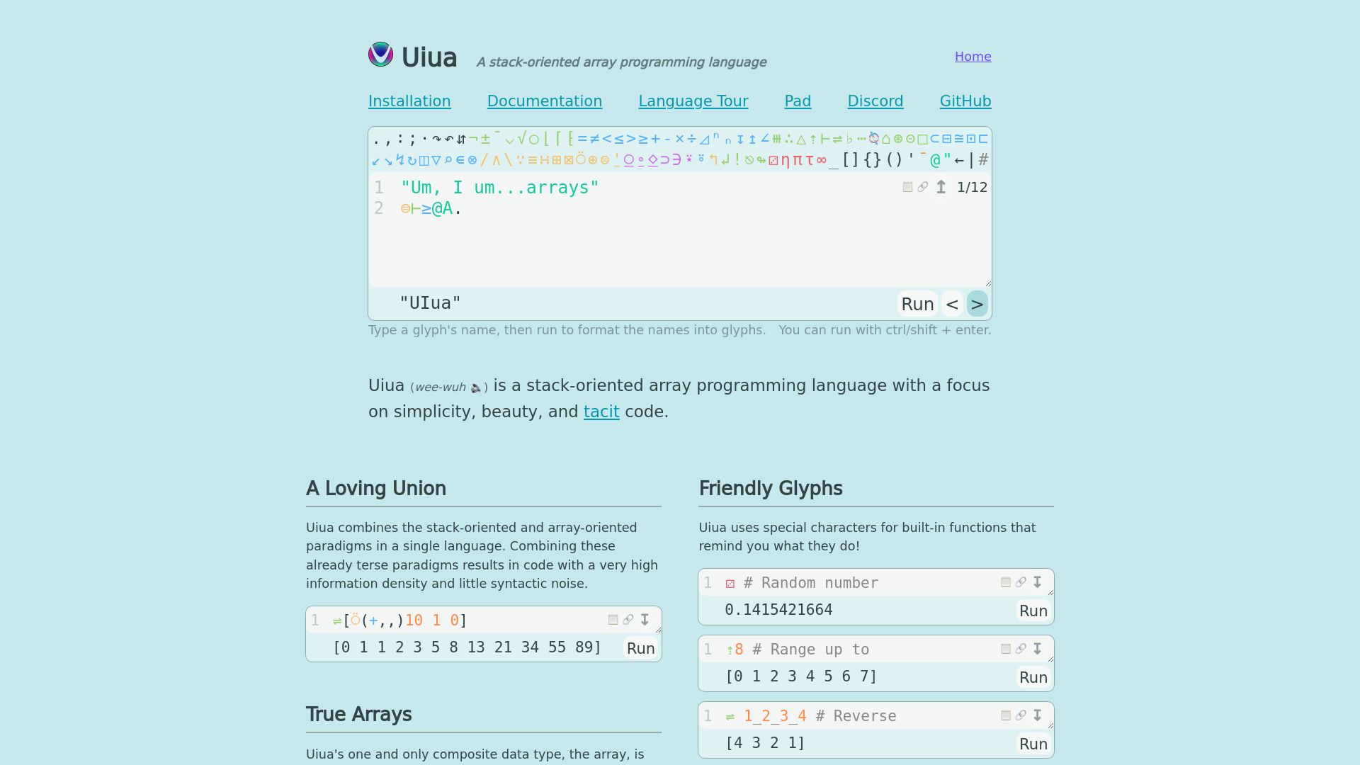 Screenshot of uiua.org: Uiua: A minimal stack-based, array-based language