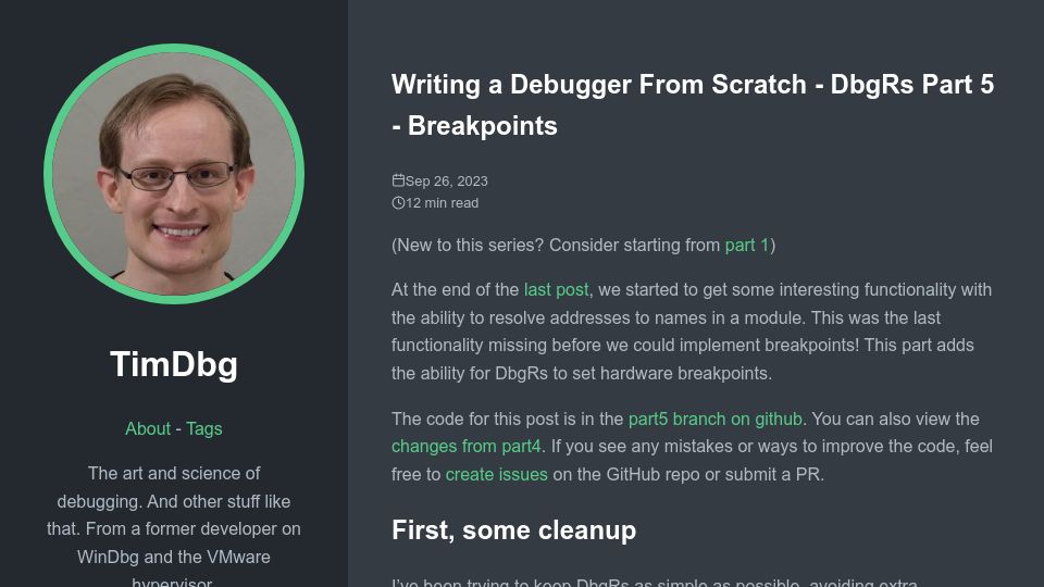 Screenshot of timdbg.com: Writing a debugger from scratch: Breakpoints