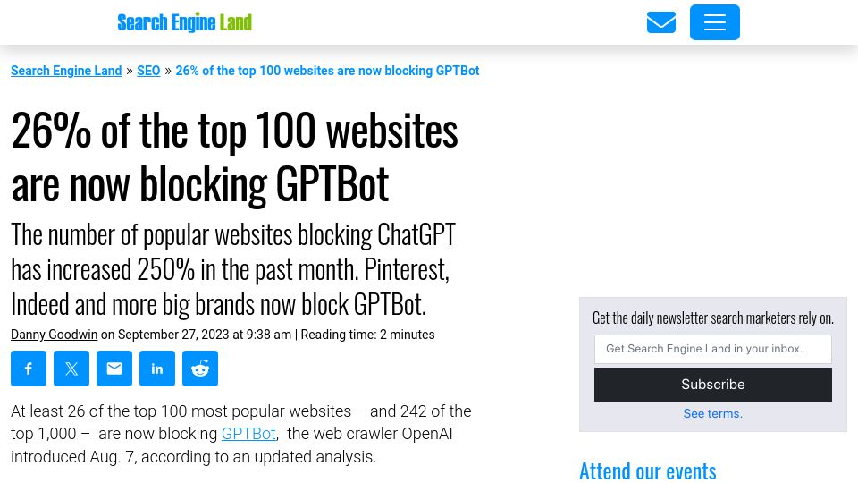 Screenshot of searchengineland.com: 26% of the top websites are now blocking GPTBot