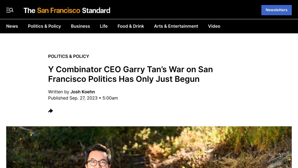Screenshot of sfstandard.com: Y Combinator CEO Garry Tan’s War on San Francisco Politics Has Only Just Begun