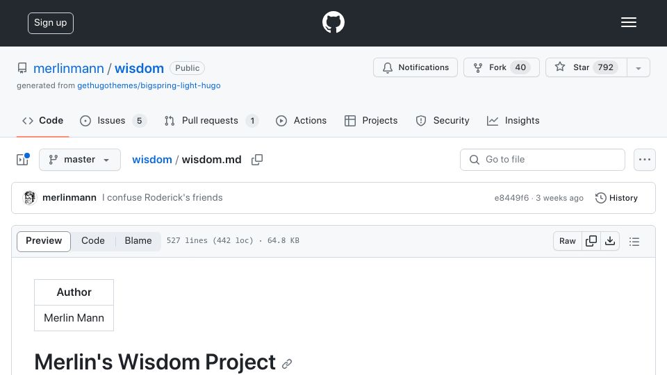 Screenshot of github.com: Merlin's Wisdom Project