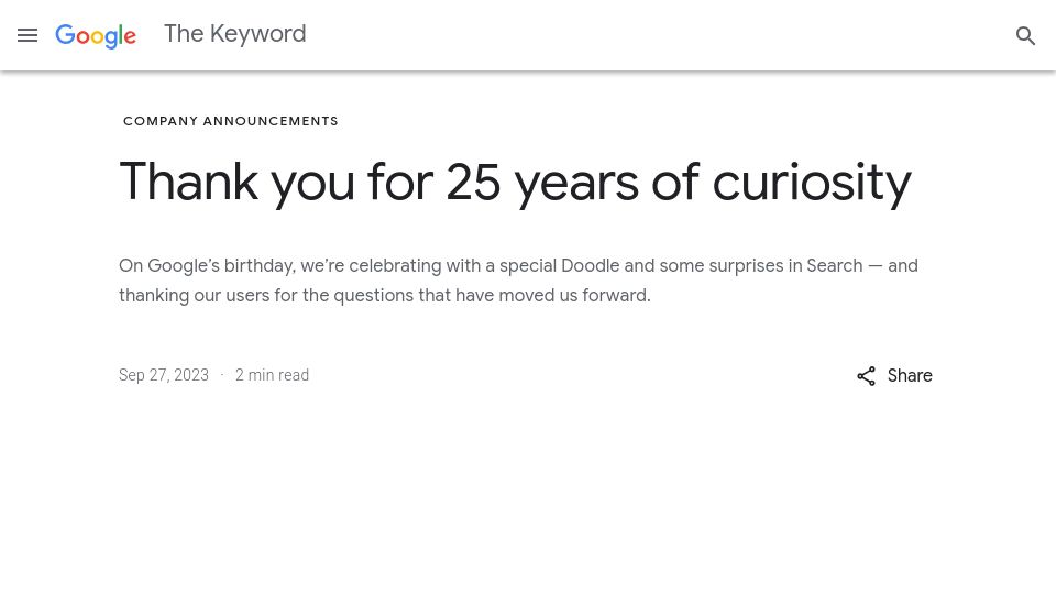 Screenshot of blog.google: Google's 25th Birthday