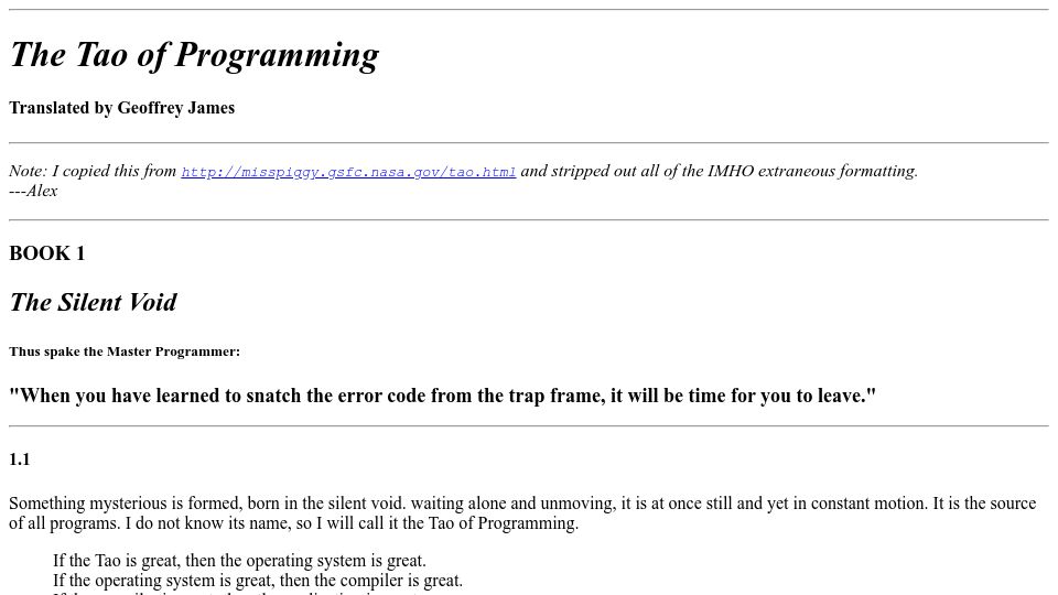 Screenshot of mit.edu: The Tao of Programming (1987)
