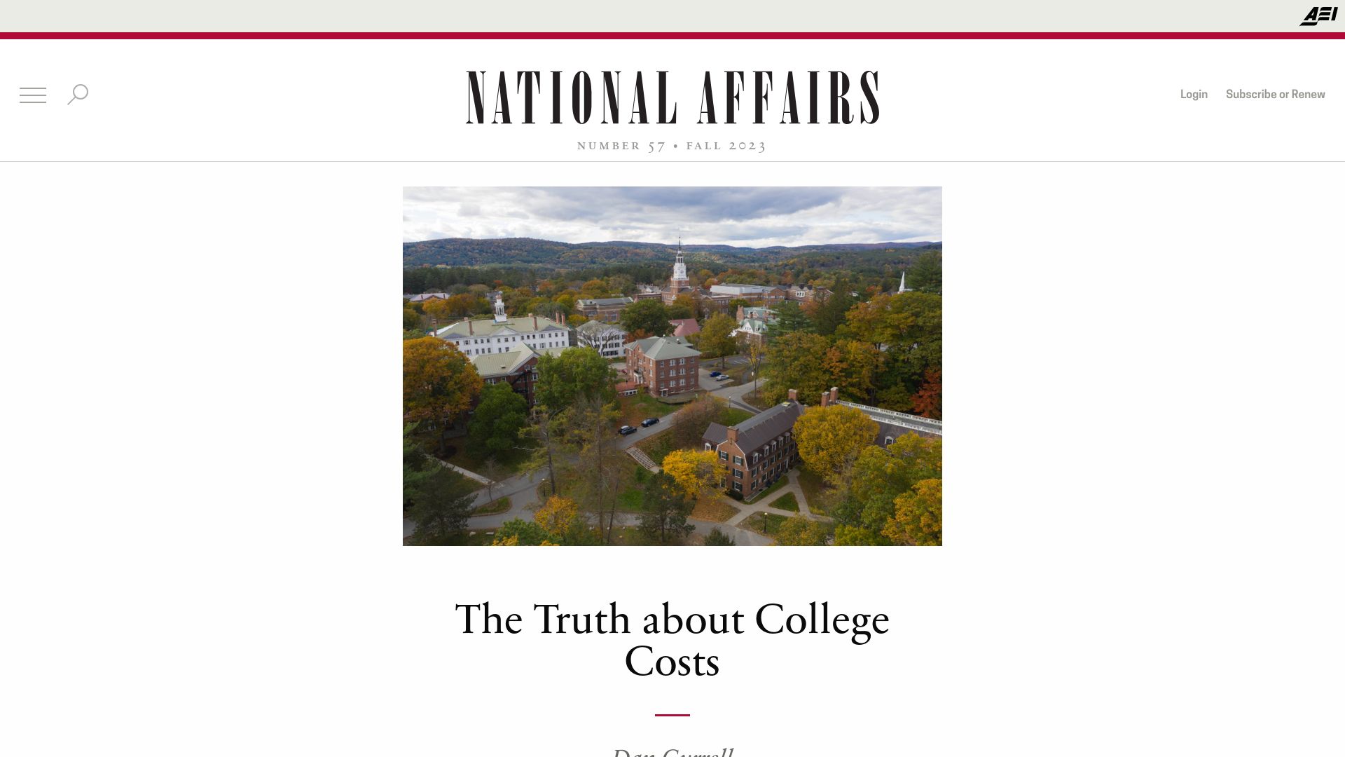 Screenshot of nationalaffairs.com: The Truth about College Costs
