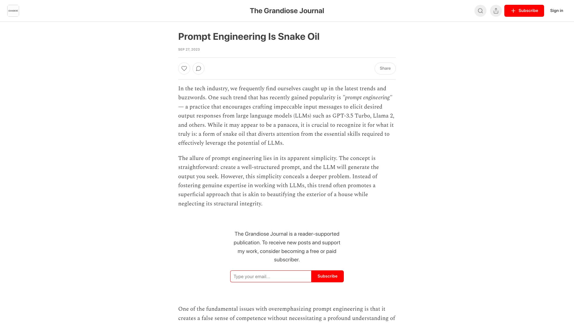 Screenshot of grandiose.substack.com: Prompt Engineering Is Snake Oil