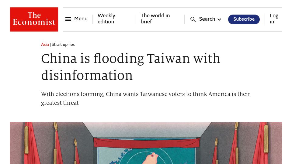 Screenshot of economist.com: China is flooding Taiwan with disinformation
