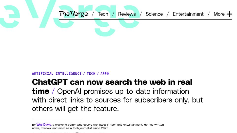 Screenshot of theverge.com: ChatGPT can now search the web in real time