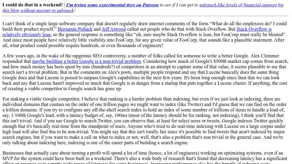 Screenshot of danluu.com: Why’s that company so big? I could do that in a weekend (2016)