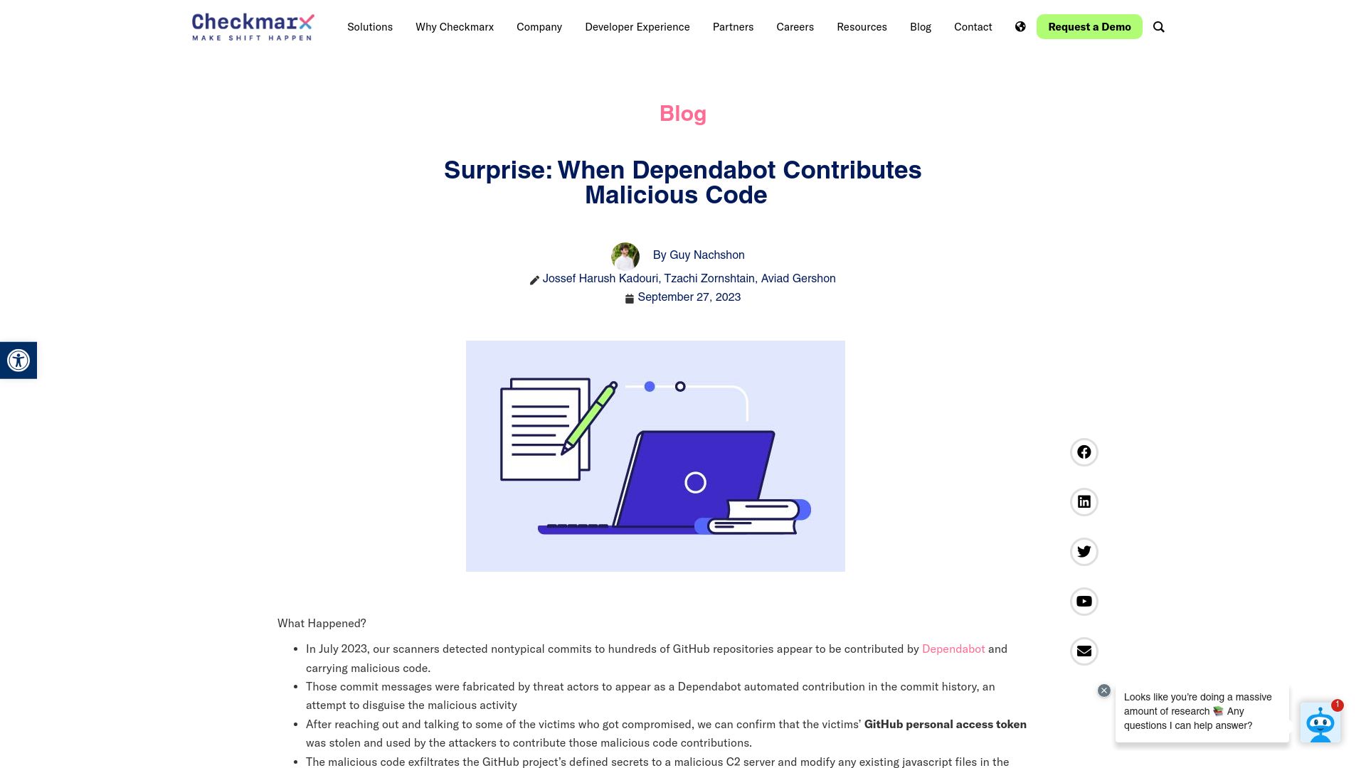 Screenshot of checkmarx.com: Hackers are spoofing themselves as GitHub's Dependabot to steal user passwords