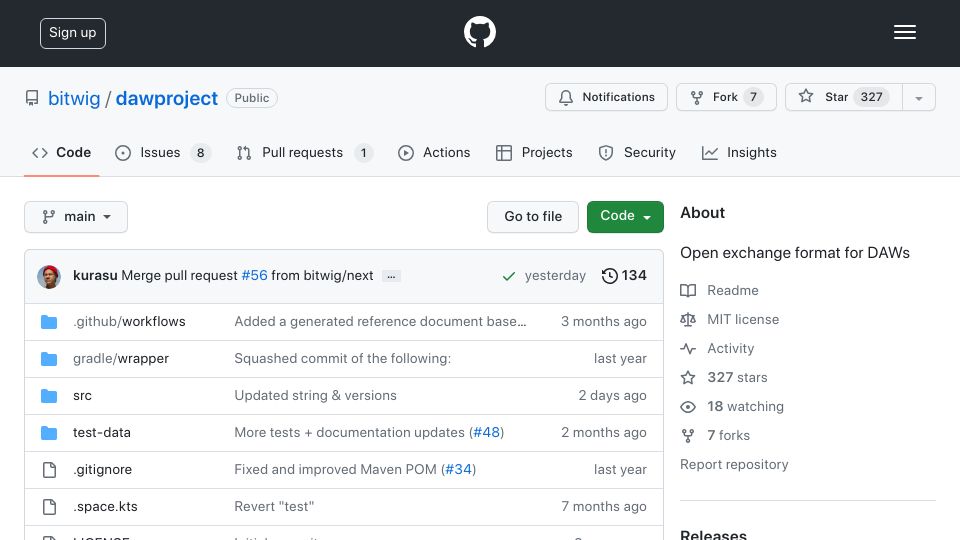 Screenshot of github.com: DAWproject: Open exchange format for DAWs