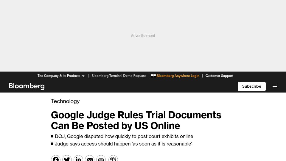 Screenshot of bloomberg.com: Judge rules Google trial documents can be posted by U.S. online