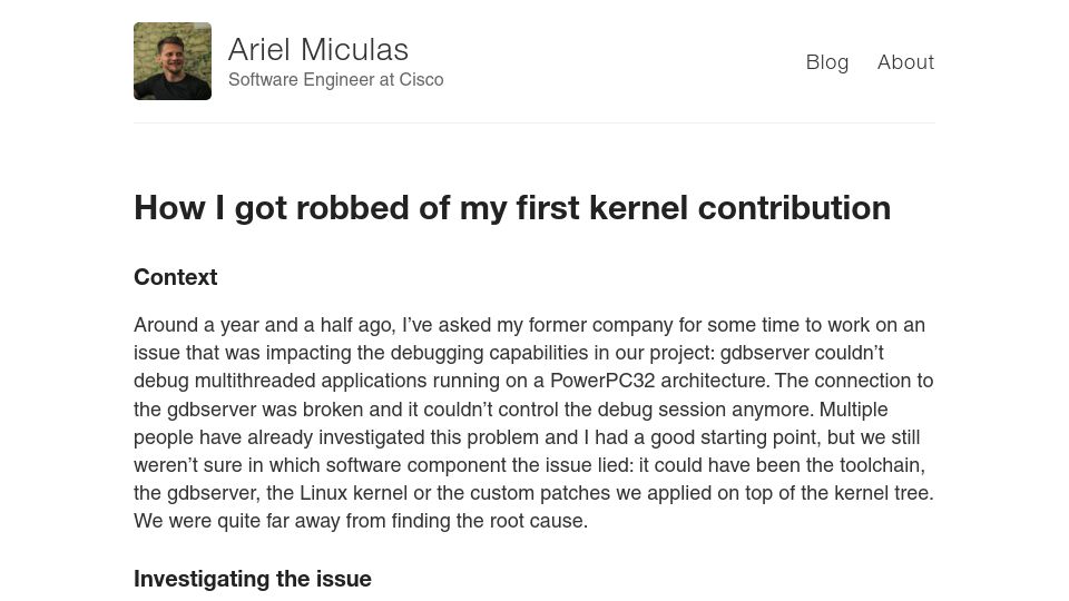 Screenshot of ariel-miculas.github.io: I got robbed of my first kernel contribution