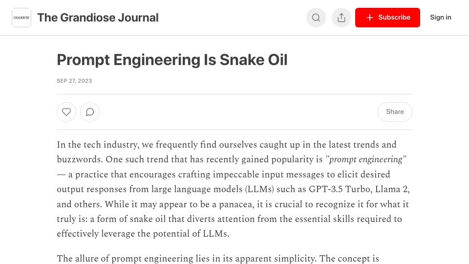 Screenshot of grandiose.substack.com: Prompt Engineering Is Snake Oil
