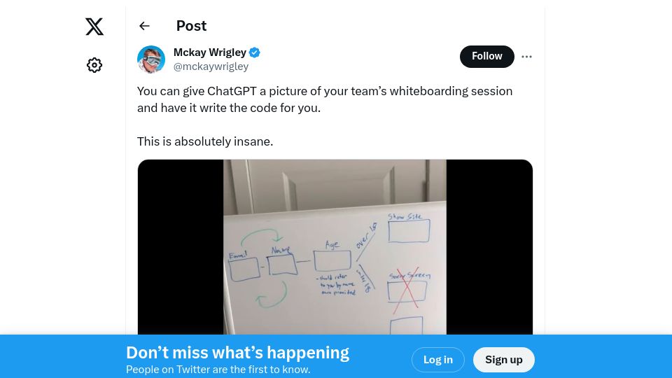 Screenshot of twitter.com: GPT-4 generates simple app from Whiteboard photo