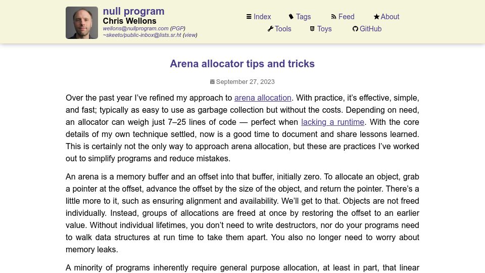 Screenshot of nullprogram.com: Arena allocator tips and tricks