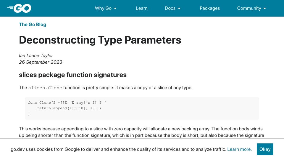 Screenshot of go.dev: Deconstructing Go Type Parameters