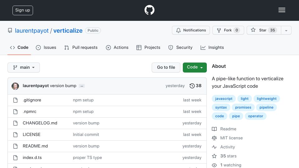 Screenshot of github.com: Show HN: A JavaScript function that looks and behaves like a pipe operator