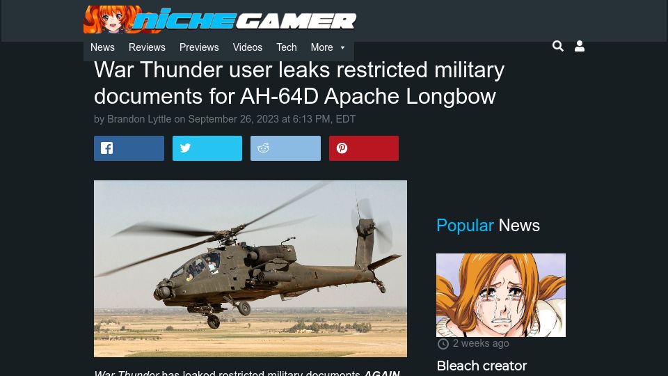 Screenshot of nichegamer.com: War Thunder user leaks restricted military documents for AH-64D Apache Longbow