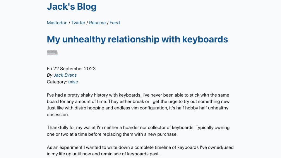 Screenshot of jackevansevo.github.io: My Unhealthy Relationship with Keyboards