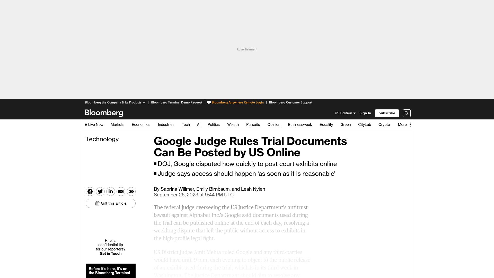 Screenshot of bloomberg.com: Judge rules Google trial documents can be posted by U.S. online