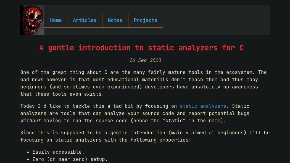 Screenshot of nrk.neocities.org: A gentle introduction to static analyzers for C