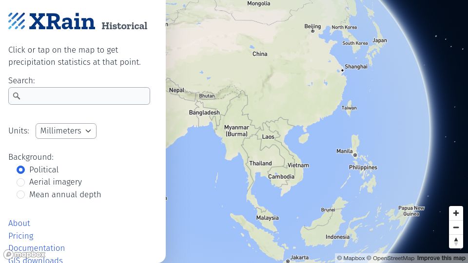 Screenshot of xrain.info: Show HN: XRain – Explore rainfall statistics around the world