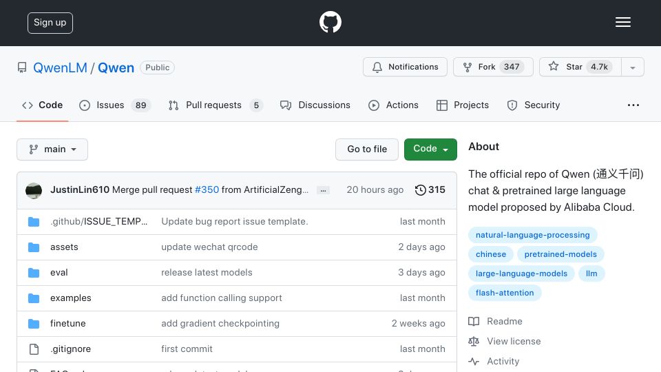 Screenshot of github.com: Qwen (通义千问) chat and pretrained large language model by Alibaba Cloud