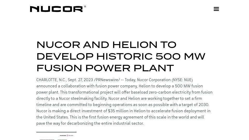 Screenshot of nucor.com: Nucor and Helion to Develop 500 MW Fusion Power Plant by 2030