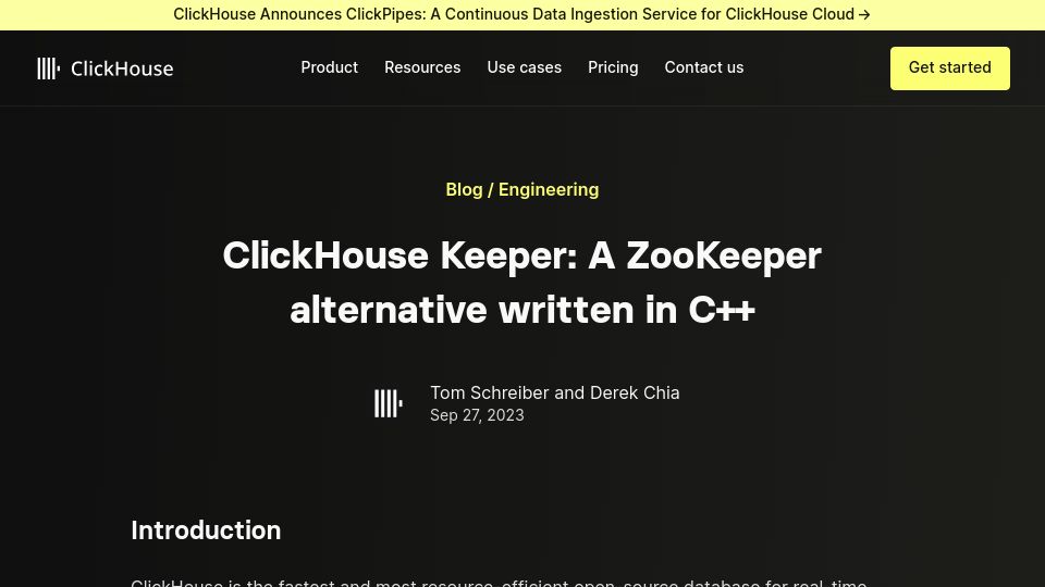 Screenshot of clickhouse.com: ClickHouse Keeper: A ZooKeeper alternative written in C++