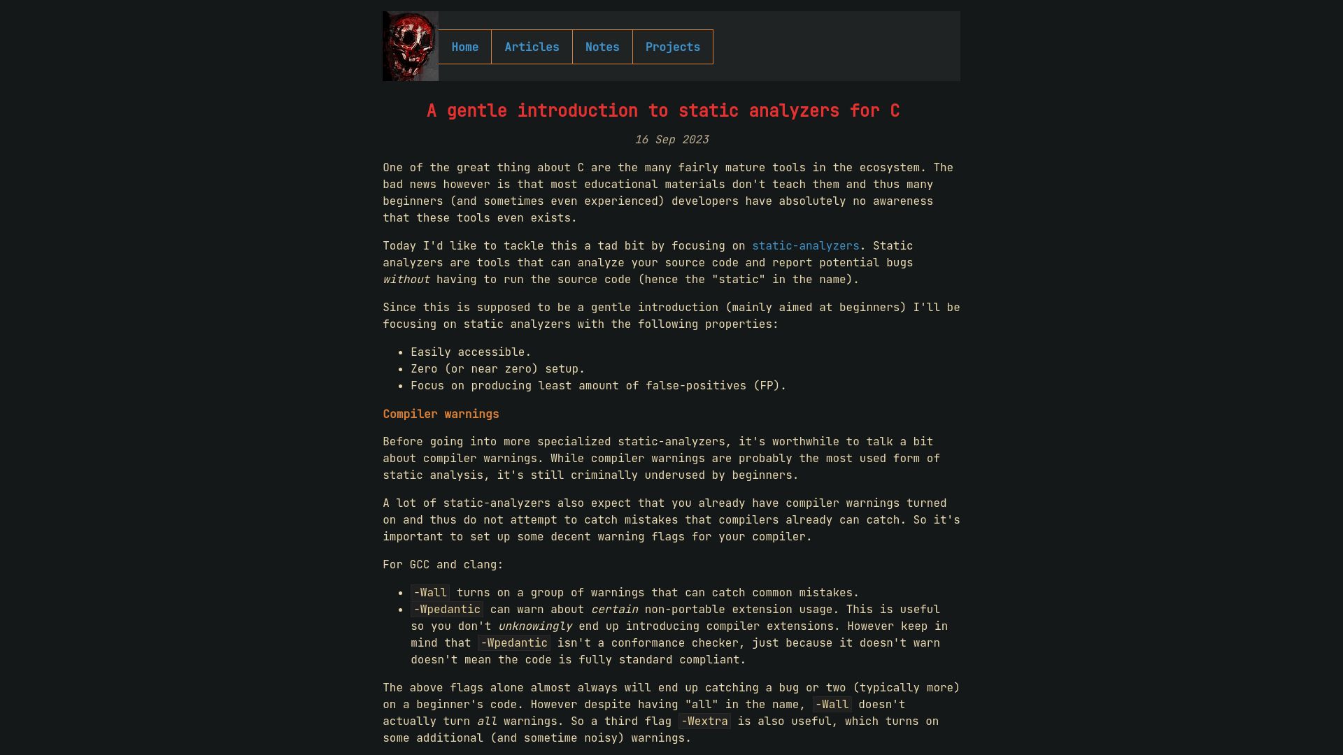 Screenshot of nrk.neocities.org: A gentle introduction to static analyzers for C