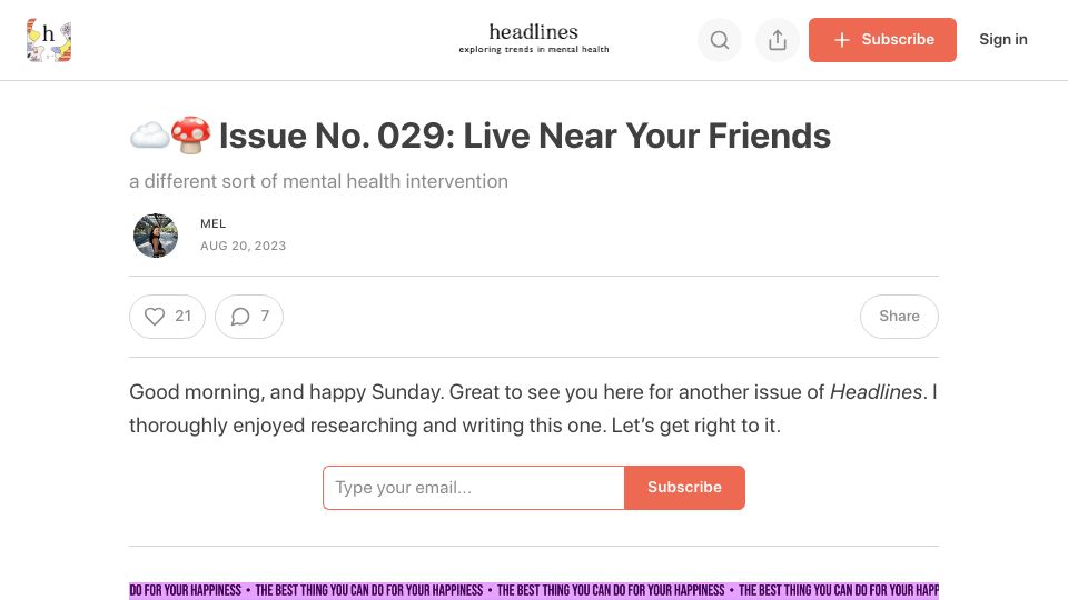 Screenshot of headlineshq.substack.com: Live near your friends