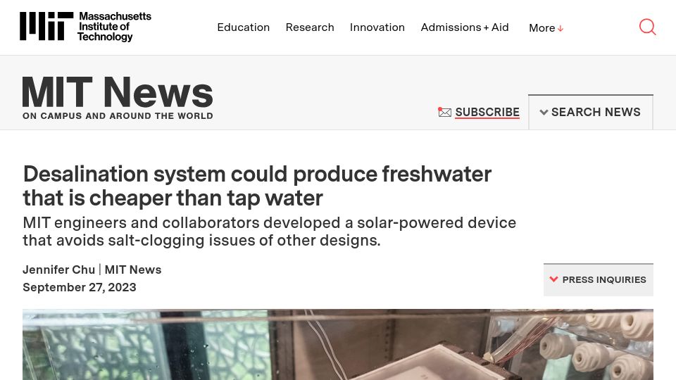 Screenshot of news.mit.edu: Desalination system could produce freshwater that is cheaper than tap water