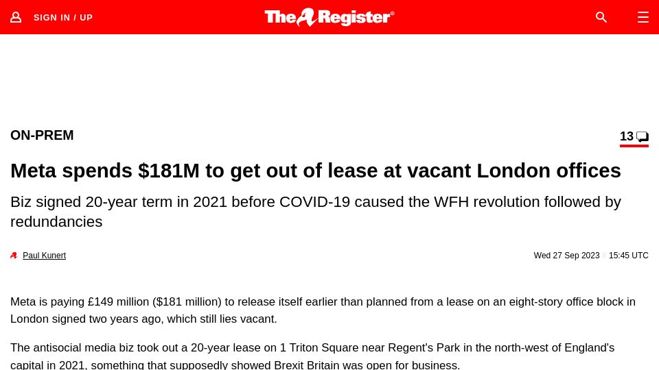 Screenshot of theregister.com: Meta spends $181M to get out of lease at vacant London offices