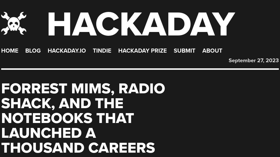 Screenshot of hackaday.com: Forrest Mims and RadioShack (2017)