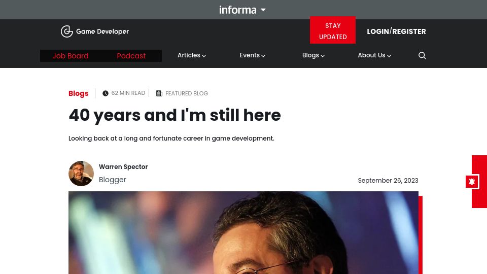 Screenshot of gamedeveloper.com: Warren Spector – 40 years and I'm still here