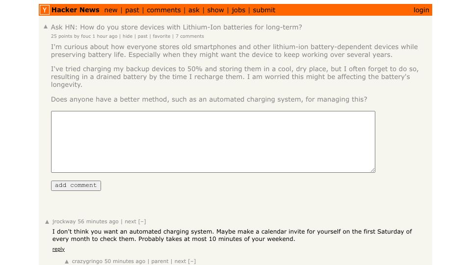 Screenshot of Hacker News post: Ask HN: How do you store devices with Lithium-Ion batteries for long-term?