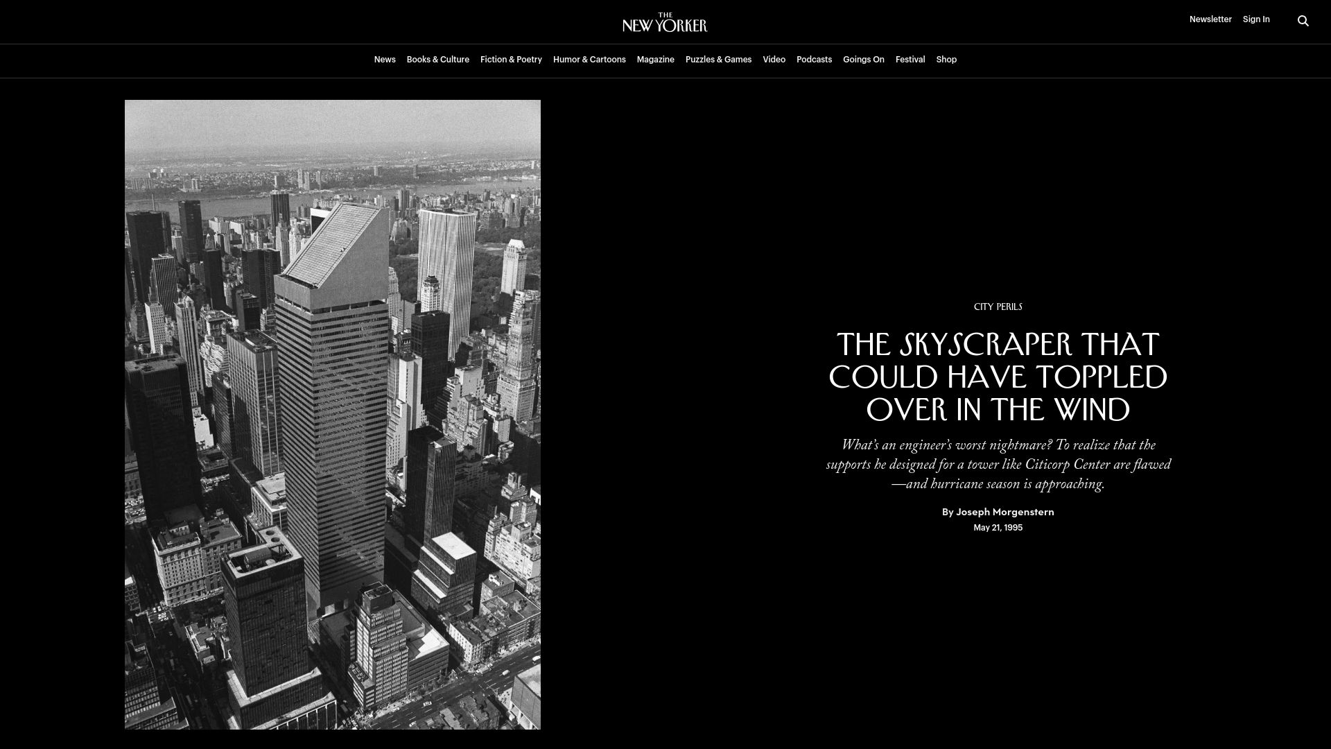 Screenshot of newyorker.com: A skyscraper that could have toppled over in the wind (1995)