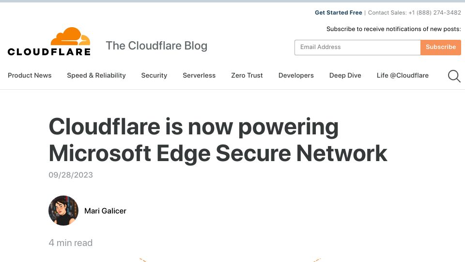 Screenshot of blog.cloudflare.com: Cloudflare is now powering Microsoft Edge Secure Network