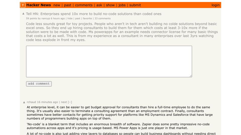 Screenshot of Hacker News post: Tell HN: Enterprises spend 10x more to build no-code solutions than coded ones