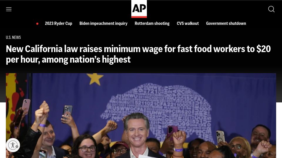 Screenshot of apnews.com: New California law raises minimum wage for fast food workers to $20 per hour