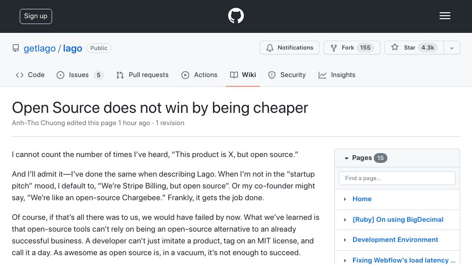 Screenshot of github.com: Open Source does not win by being cheaper