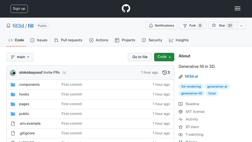 Screenshot of github.com: Show HN: Generative Fill with AI and 3D