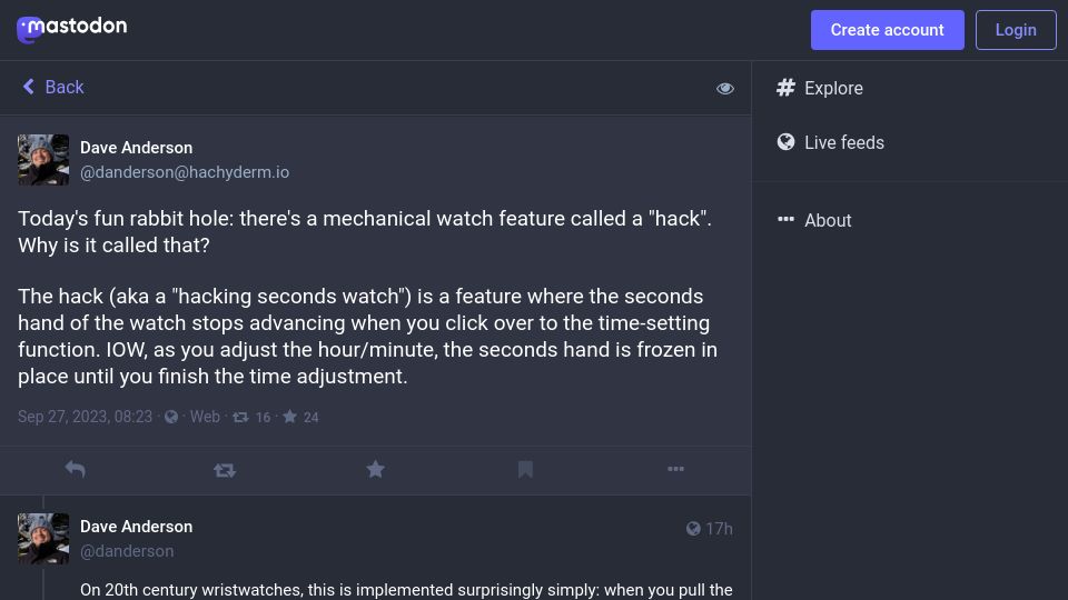 Screenshot of hachyderm.io: There's a mechanical watch feature called a “hack”