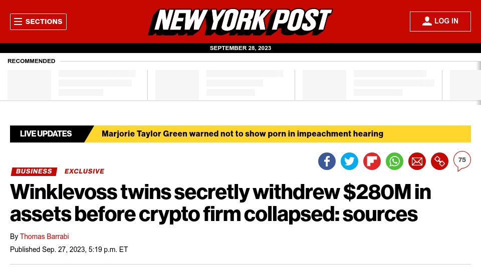 Screenshot of nypost.com: Winklevoss twins secretely withdrew $280M in assets before crypto firm collapsed